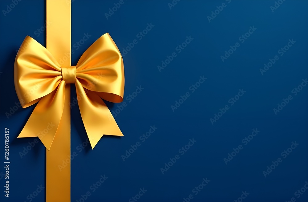 Golden bow with golden ribbon on blue background. Copy space.