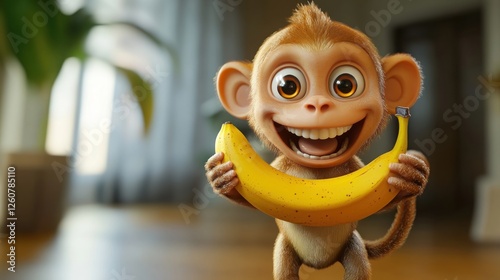 Cute cartoon monkey holding banana in home photo