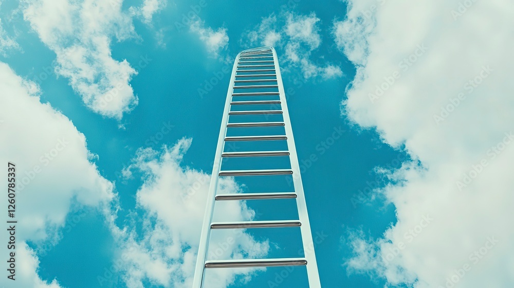 DNA strand rises like a ladder into the bright blue sky with fluffy clouds in the background