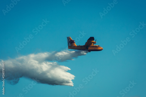 Airplane amphibia firefighter drops water in the sky photo