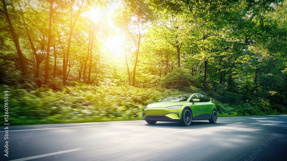 Fototapeta premium Sustainable development and renewable resource. Vibrant green car driving on a forested road during sunset.