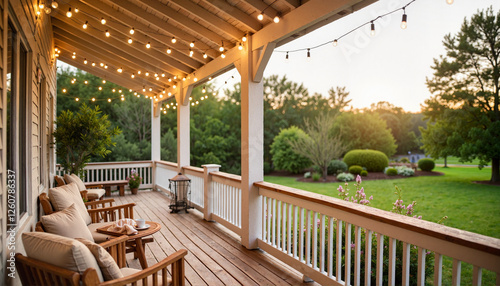 Cozy veranda with warm lights at sunset, inviting atmosphere, relaxing, outdoor space, copy space
