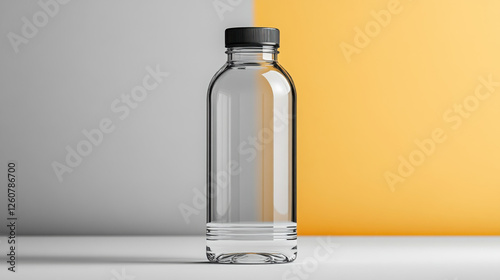 Glass sports water bottle with screw cap placed on a wooden table catching sunlight in a minimalist setting photo