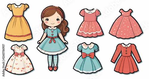 little girl vintage paper doll model with fashion dresses vector illustration