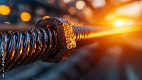 Close up of sturdy, dark metal threaded rod industrial strength and precision are evident. warm light highlights its texture and detail, conveying sense of power and resilience