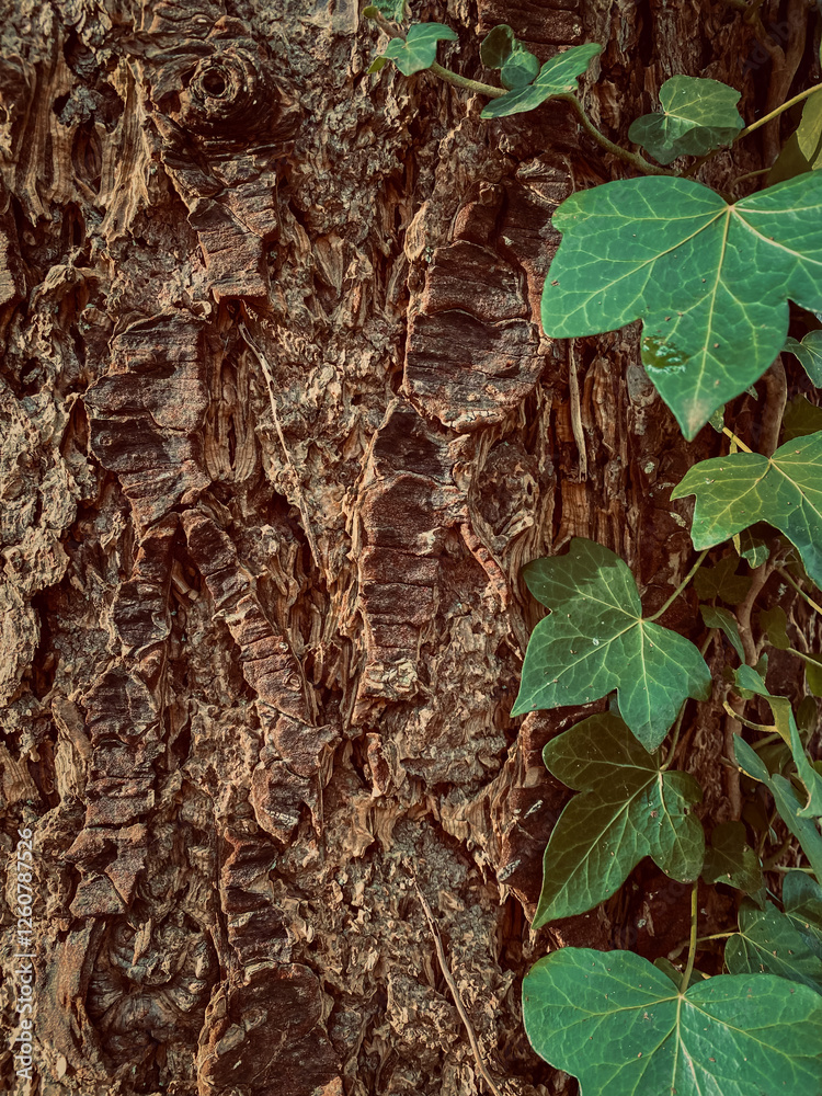Tree bark texture with green ivy leaves on it Natural background