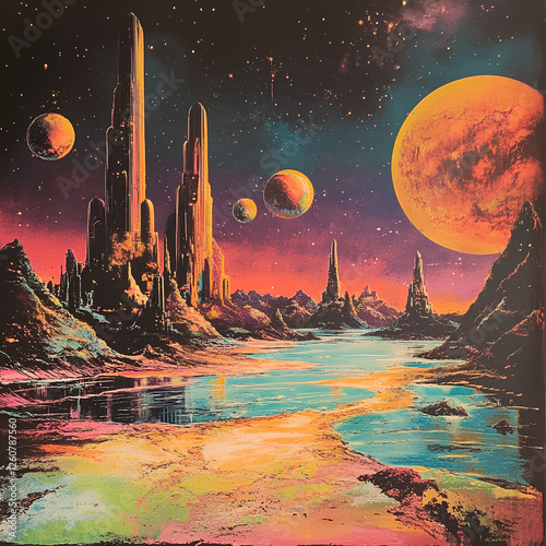  An original painting illustration depicting a fantasy alien planet with towering mountains and a flowing river, set in a vibrant and otherworldly landscape photo