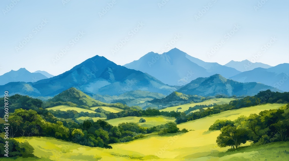 Obraz premium A serene landscape featuring rolling hills and majestic mountains under a clear blue sky, showcasing lush greenery and a peaceful atmosphere.