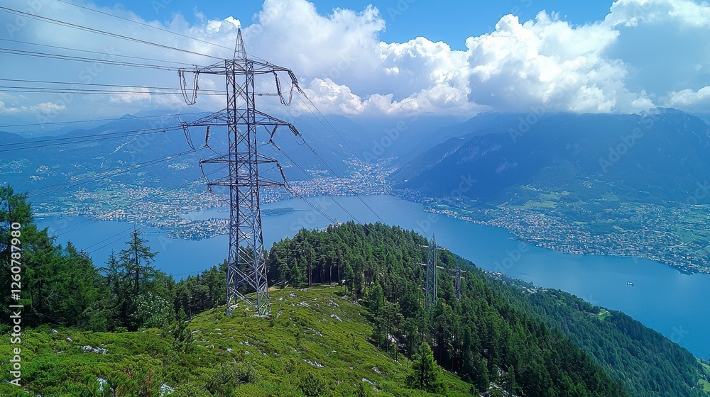 Scenic View of a Transmission Tower Overlooking a Lake Surrounded by Green Mountains and Blue Sky Scenic View of a Transmission Tower Overlooking a Lake Surrounded by Green Mountains and Blue Sky