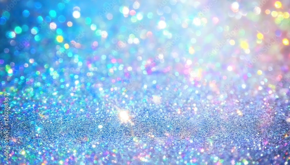 Fototapeta premium iridescent glitter bokeh background with blue and pastel sparkle highlights for festive, dreamy design projects