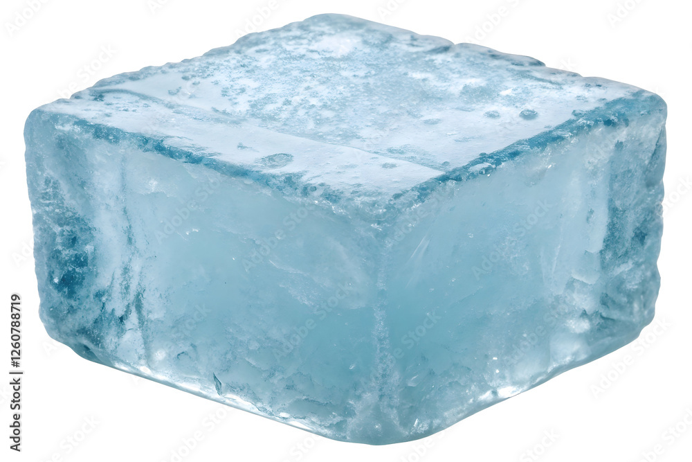 Obraz premium Ice Cube Close-up: A pristine, translucent ice cube glistens with trapped water droplets, showcasing intricate internal structures and a cool, refreshing aesthetic. 