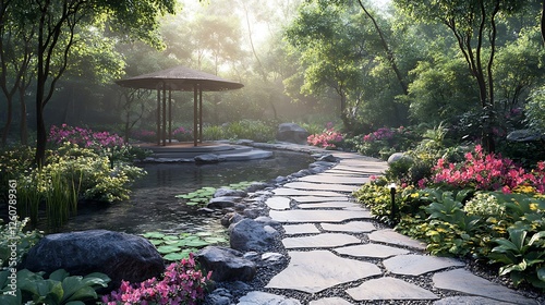 Serene garden path, sunrise mist, pond, gazebo.  Peaceful landscape design for meditation or relaxation photo