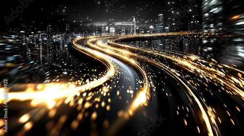 Serene night cityscape glowing trails of light wind through urban landscape, evoking sense of calm amidst bustling city