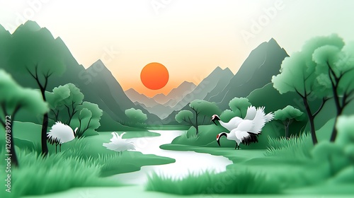 Serene Cranes Resting Near a Tranquil River Sunset