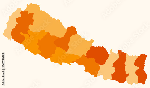 Map of Nepal with regions. Just a simple country border map with region division. Orange color palette. Blank Nepal shape with administrative division. Vector illustration.