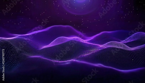 purple digital wave landscape with glowing particle mesh on dark background, perfect for futuristic designs or technology visuals

