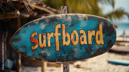 Aged Surfboard Sign in Rustic Beach Setting with Huts, Highlighting Coastal Adventure and Lifestyle in Tropical Paradise