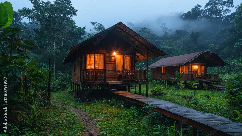Traditional Wooden Retreat Homestay Nestled in Lush Green Jungle Landscape Traditional Wooden Retreat Homestay Nestled in Lush Green Jungle Landscape