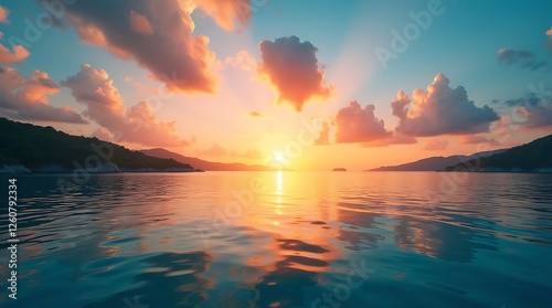 Golden Sunset Over Tranquil Sea with Distant Islands ,Breathtaking Landscape