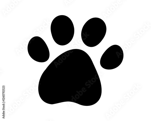 Bold black paw print icon on white background. Simple, minimalist design perfect for pet-related websites, logos, apps, and social media.