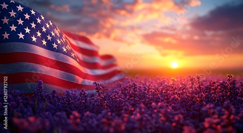 Majestic American flag waving over a vibrant lavender field at sunset.