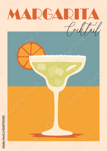Margarita Cocktail poster in retro style with alcohol drink glass garnished with orange wheel. Colorful flat vector illustration