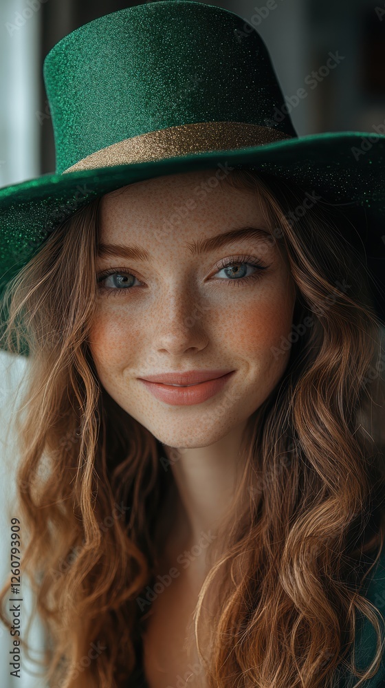 A young woman with long brown hair and bright blue eyes wearing a chic emerald green hat smiles softly, showcasing her natural beauty. A young woman with long brown hair and bright blue eyes wearing a chic emerald green hat smiles softly, showcasing her natural beauty.