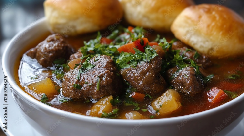 Hearty beef stew with bread rolls, close-up shot, rustic setting Hearty beef stew with bread rolls, close-up shot, rustic setting