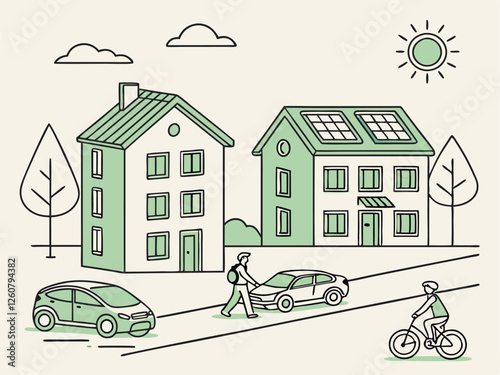Sustainable City Living Vector Illustration: Eco-Friendly Buildings, Green Energy, Electric Vehicles, Minimalist Design, Clean Line Art, Earthy Colors, Environmental Awareness, Green City
