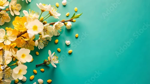 Beautiful spring blossoms with vibrant colors creating a stunning floral arrangement on a turquoise background. Generative AI