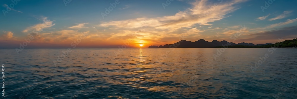 Golden Sunset Over Tranquil Sea with Distant Islands ,Breathtaking Landscape Golden Sunset Over Tranquil Sea with Distant Islands ,Breathtaking Landscape