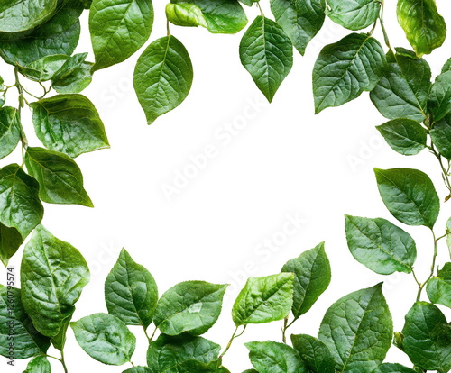 Lush green leaves frame nature closeup isolated on transparent background, png
