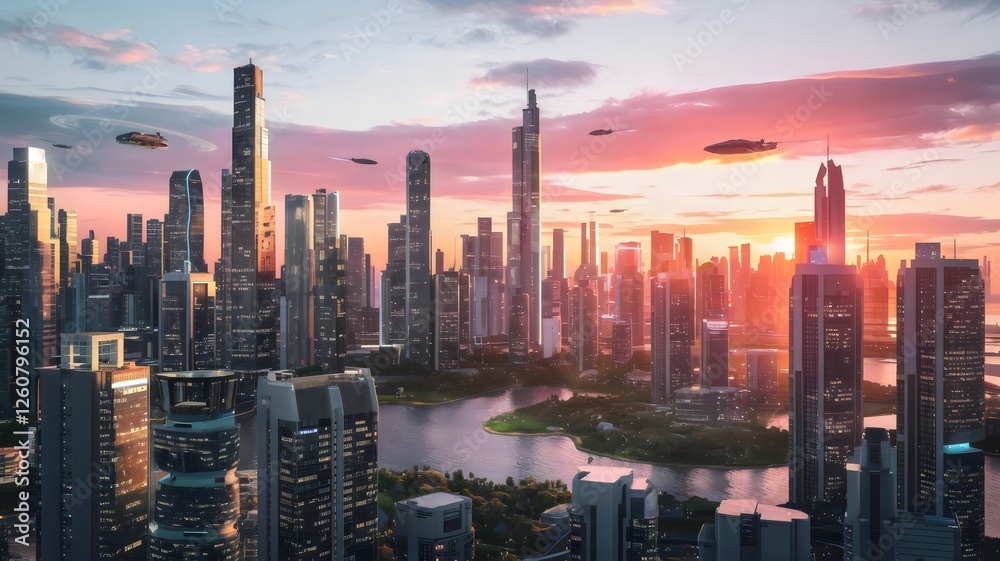 Fototapeta premium City of Tomorrow: A vibrant metropolis of towering skyscrapers and sleek flying vehicles, painted in the warm hues of a sunset, symbolizing futuristic technology and urban development.