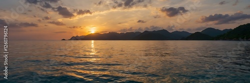 Golden Sunset Over Tranquil Sea with Distant Islands ,Breathtaking Landscape