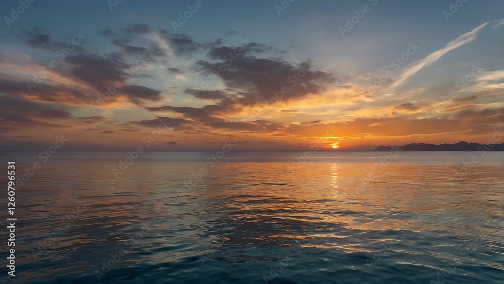 Golden Sunset Over Tranquil Sea with Distant Islands ,Breathtaking Landscape