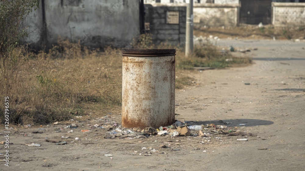 Rusty bin overflowing, roadside litter, village street Rusty bin overflowing, roadside litter, village street