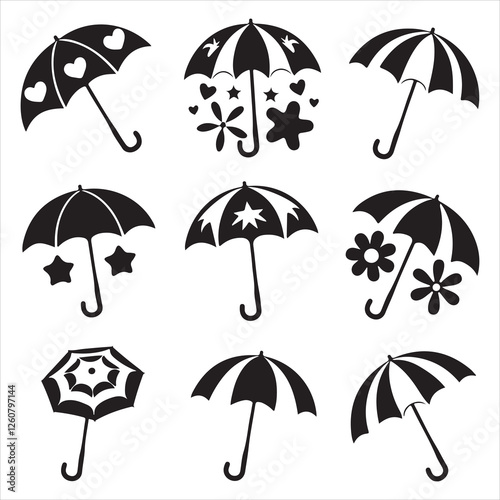 set vector various beach umbrella, beach chair silhouettes