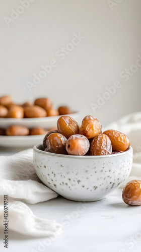 In the foreground, fresh dates in white ceramic bowl