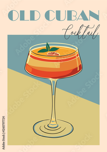 Old Cuban Cocktail poster in retro style with alcohol drink in glass. Colorful flat vector illustration 