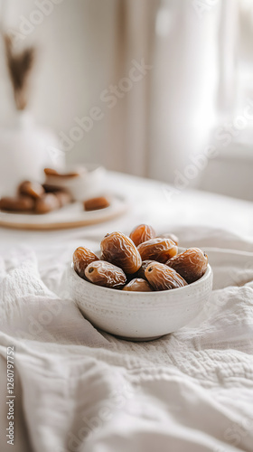 In the foreground, fresh dates in white ceramic bowl