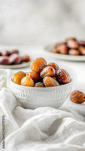 In the foreground, fresh dates in white ceramic bowl
