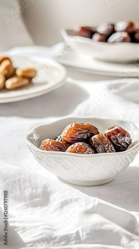 In the foreground, fresh dates in white ceramic bowl