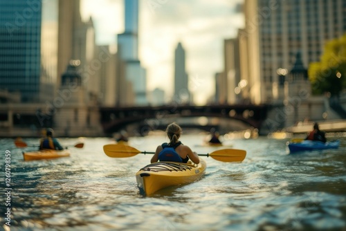 Kayaking in Chicago's Urban River at Sunset