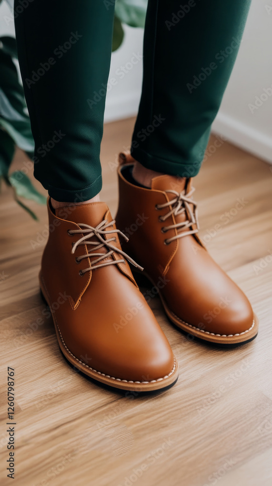 Stylish brown leather boots worn by a person indoors, complementing green pants in a cozy interior setting Stylish brown leather boots worn by a person indoors, complementing green pants in a cozy interior setting