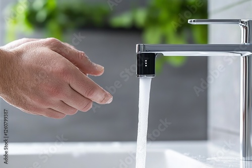 Hand activating sensor faucet with running water in modern bathroom