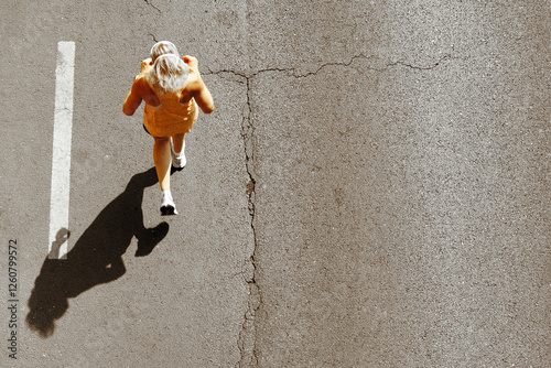 Woman running on asphalt road, top view