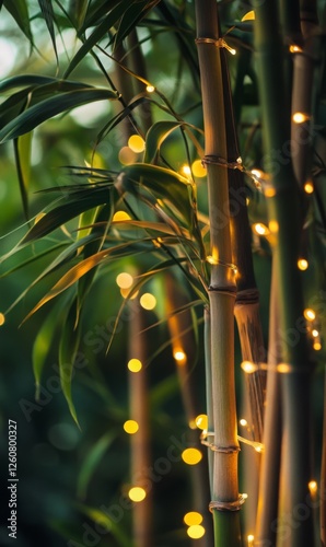 Illuminated bamboo forest with glowing fairy lights creating a tranquil ambiance shot close up