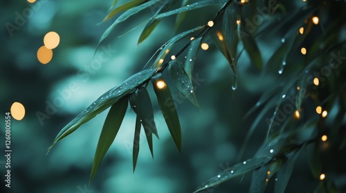 Illuminated bamboo fronds with dew drops offer a tranquil scene in a teal toned forest