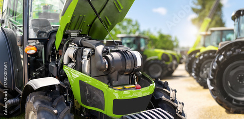 Agricultural machinery industry. Inspection of a modern tractor engine at a dealership
