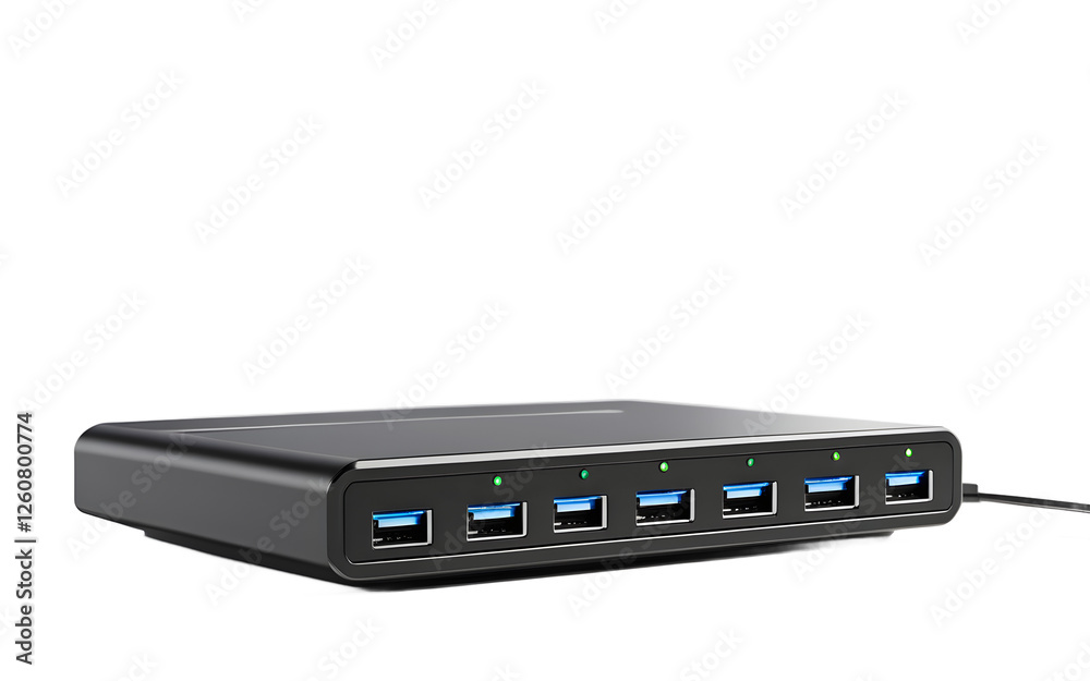 A modern USB-C docking station with multiple ports, isolated on a empty plain background A modern USB-C docking station with multiple ports, isolated on a empty plain background